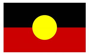 The Aboriginal flag with a black top half, red bottom half and yellow circle in the centre
