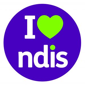 A purple circle with text reading I heart NDIS