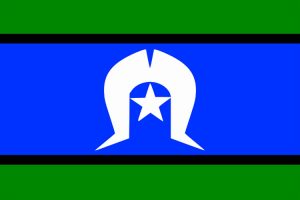 The Torres Strait Islanders flag with green stripes at the top and bottom, blue middle stripe and white logo in the centre
